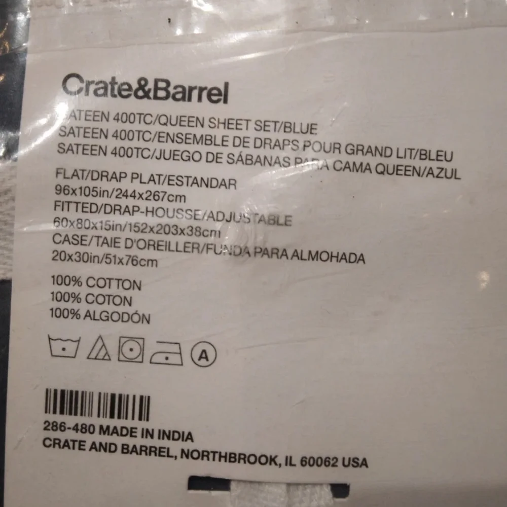 Crate&Barrel Organic 400 Thread Count Sateen White Queen Sheet Set